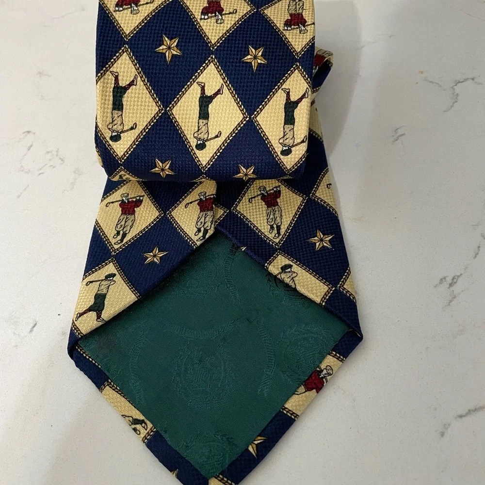 Tommy Hilfiger beige Navy blue Diamond Golfers Print 100% Silk Tie made in USA